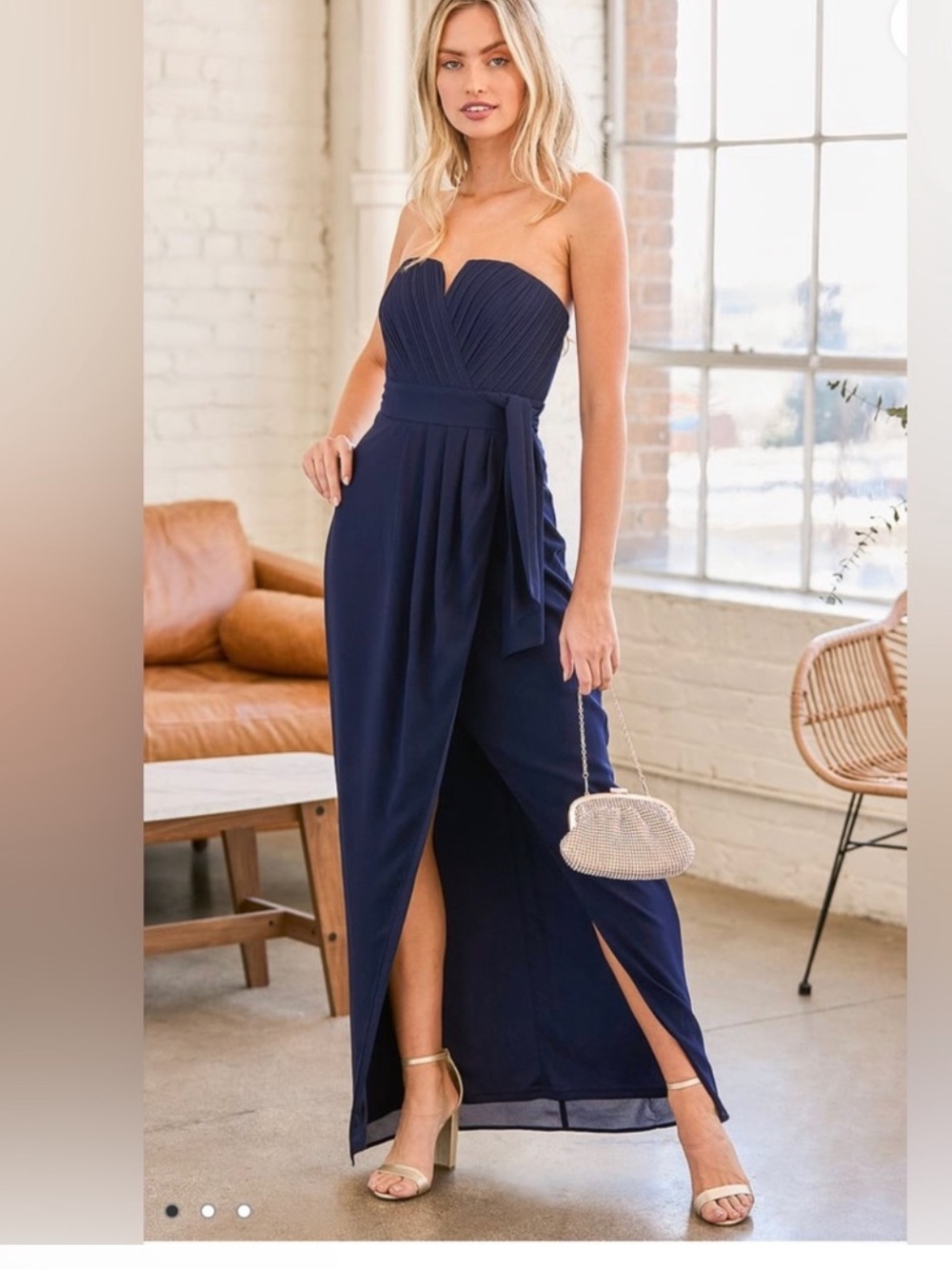 Lulu’s Easy Elegance Navy Blue Pleated Strapless Maxi Dress Size Medium NWT